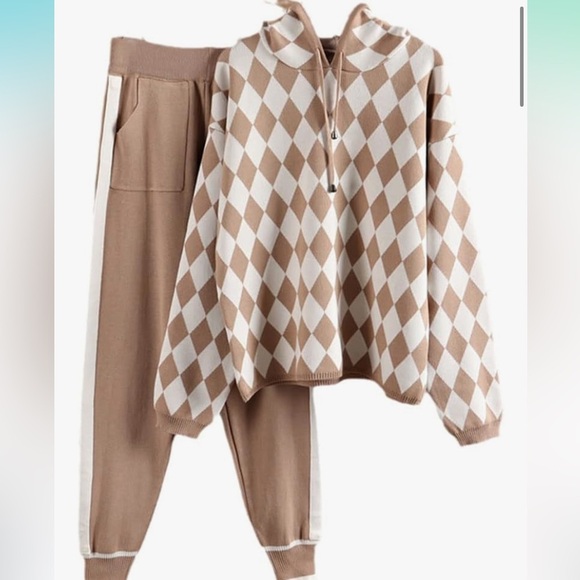 Favorite Girl knitted 2 piece khaki hooded sweater pocket harem pants w stripe - Picture 1 of 16